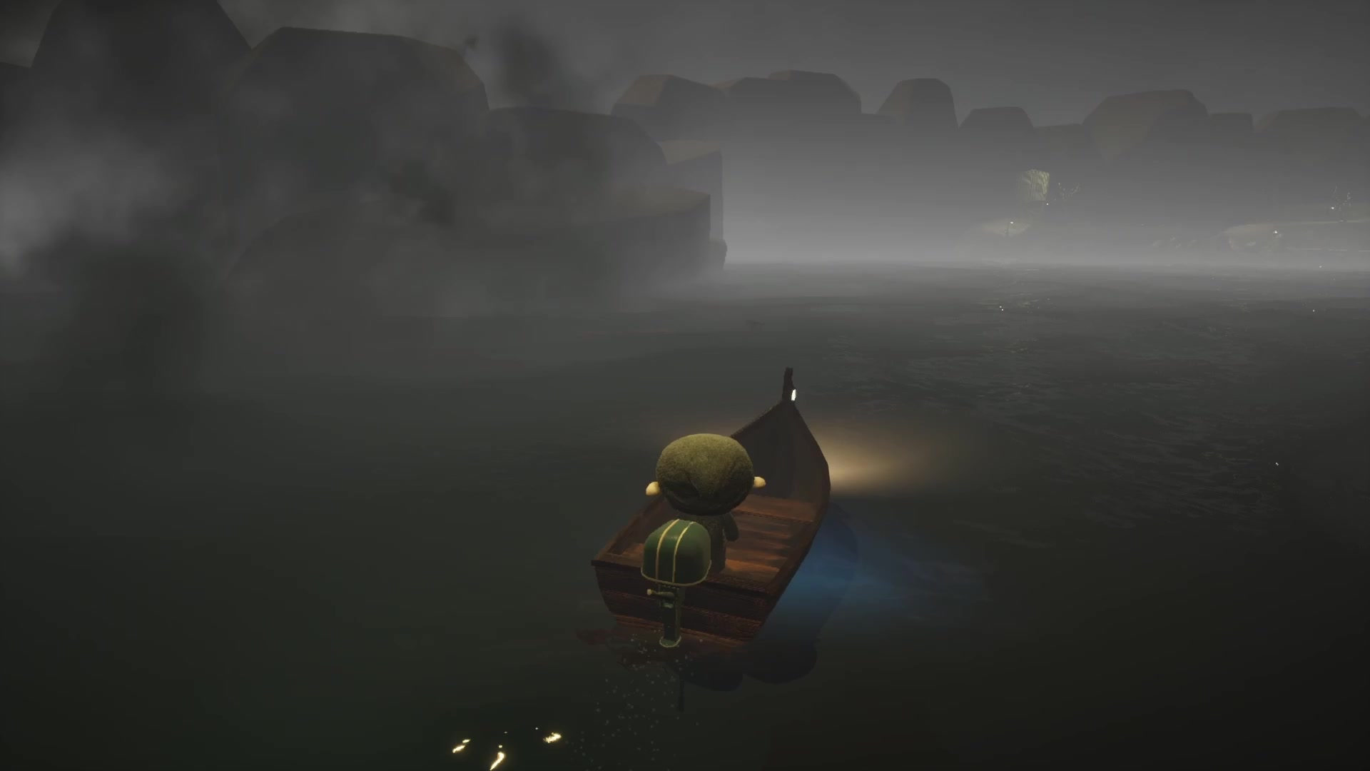 Lumi travelling by boat through the fog-covered world of A Little Lost.