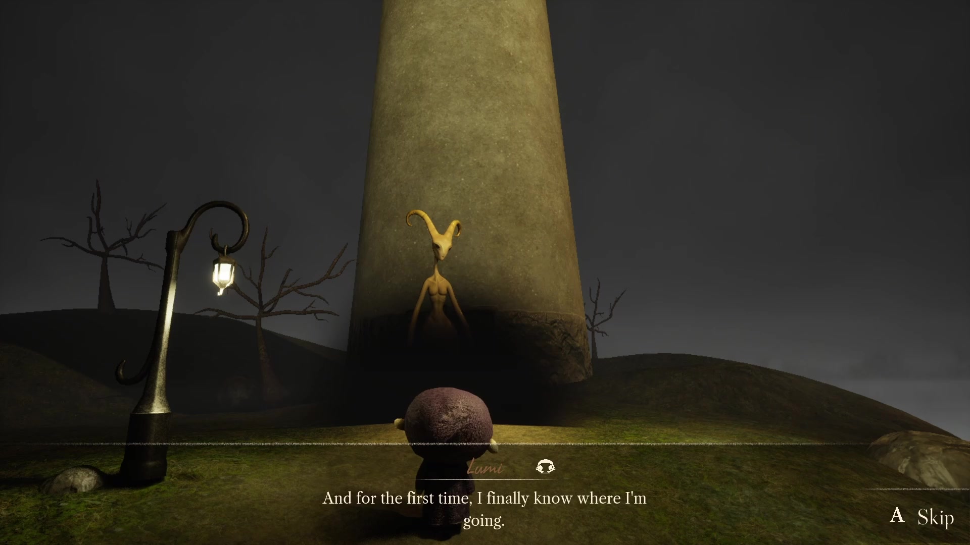 Lumi speaking near the illuminated lighthouse at the end of the journey.