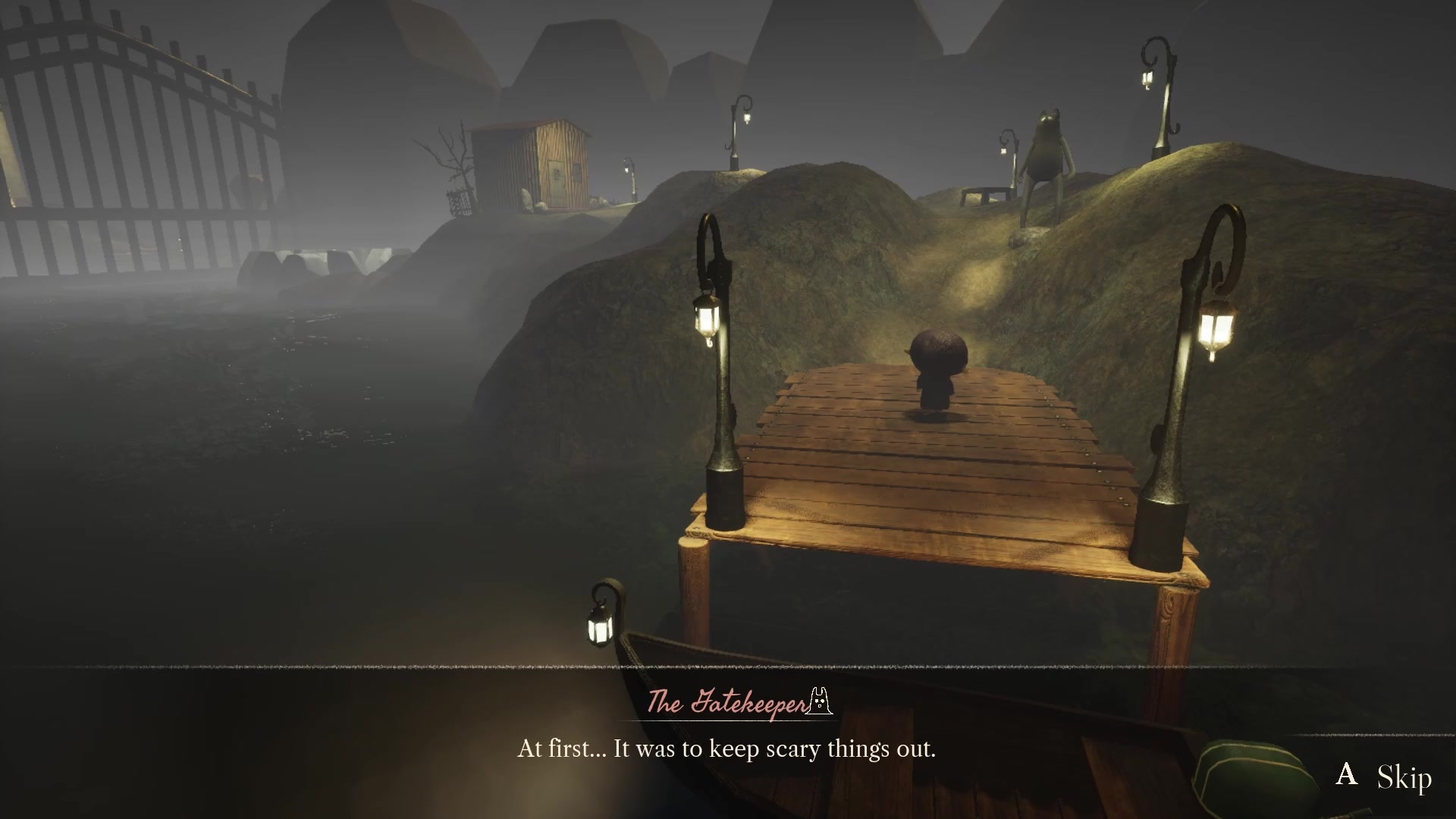 Lumi speaking with the Gatekeeper NPC beside a lamp-lit dock.
