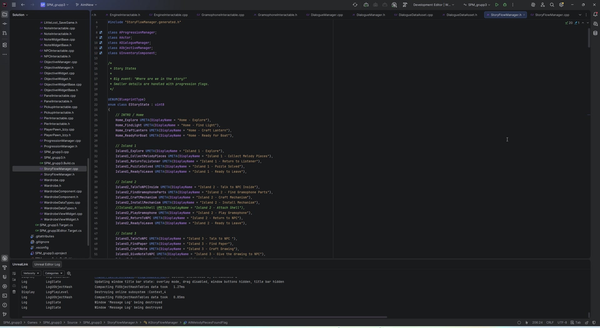 StoryFlowManager C++ state definitions open in the Unreal Engine development environment.