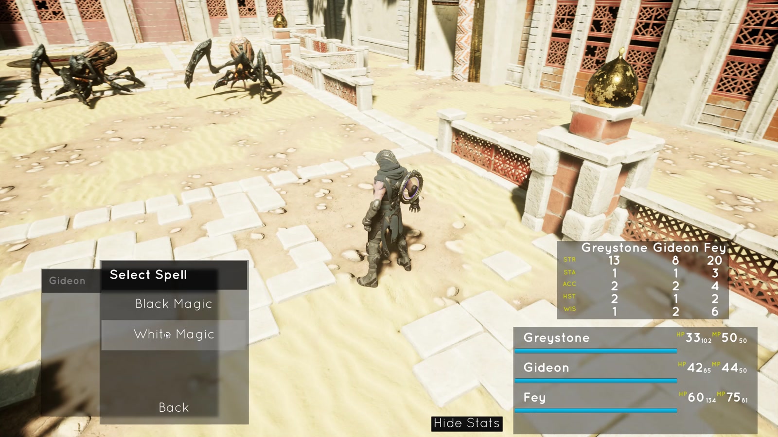 A spell selection menu displayed over the battle arena.