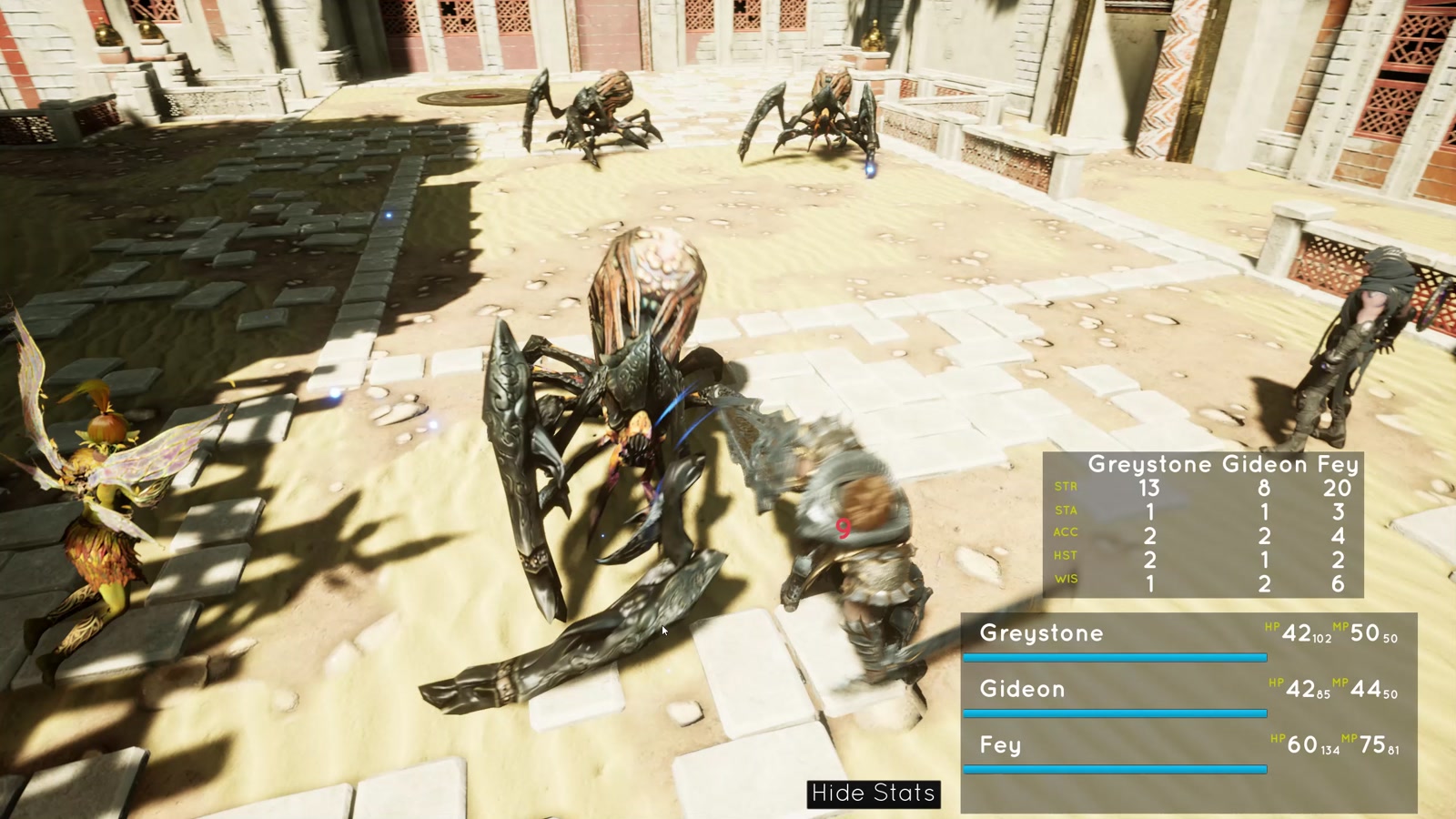 A party member attacking while status bars and character attributes are visible.