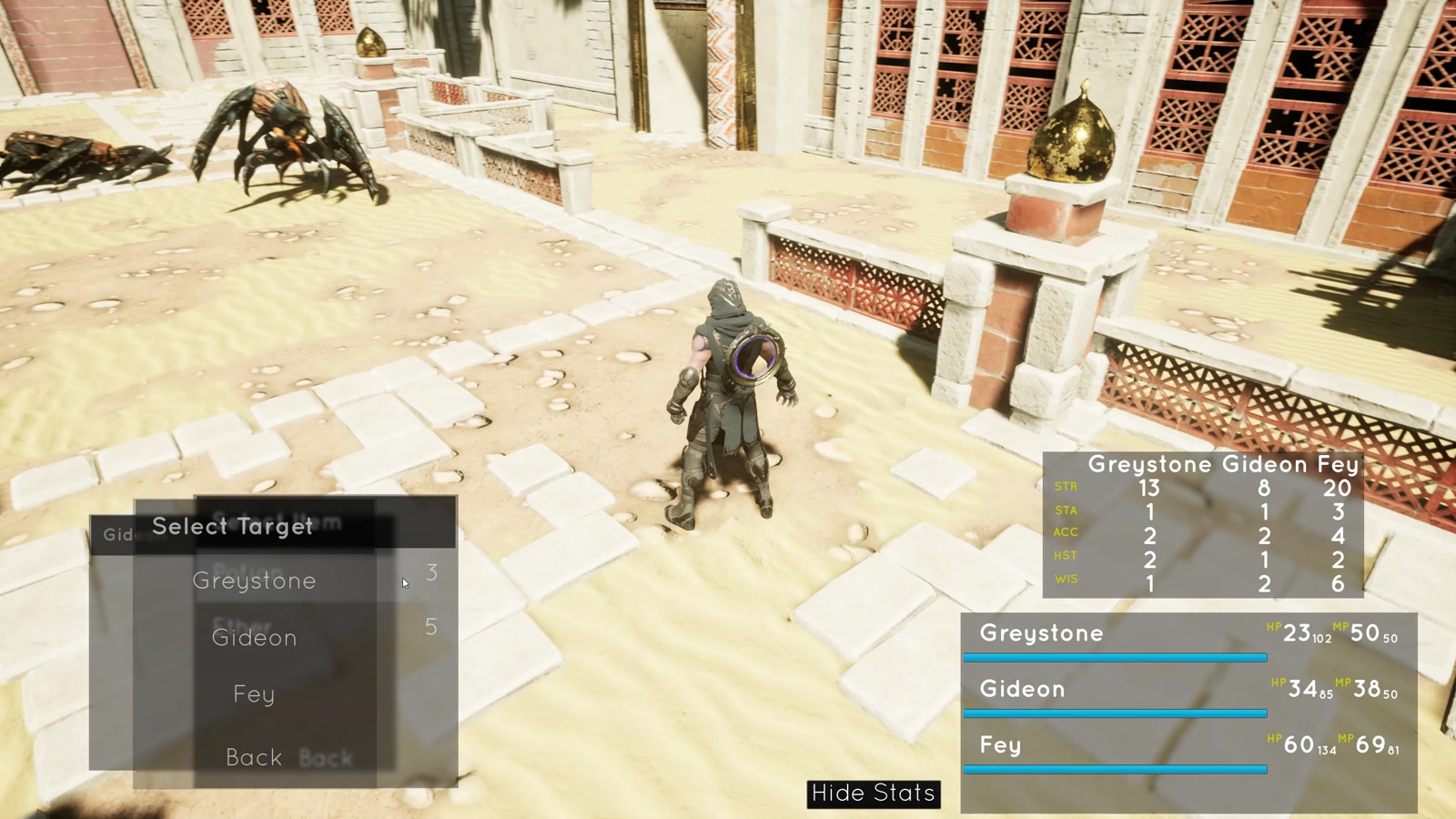 A three-character party facing a group of spider enemies in the turn-based battle prototype.