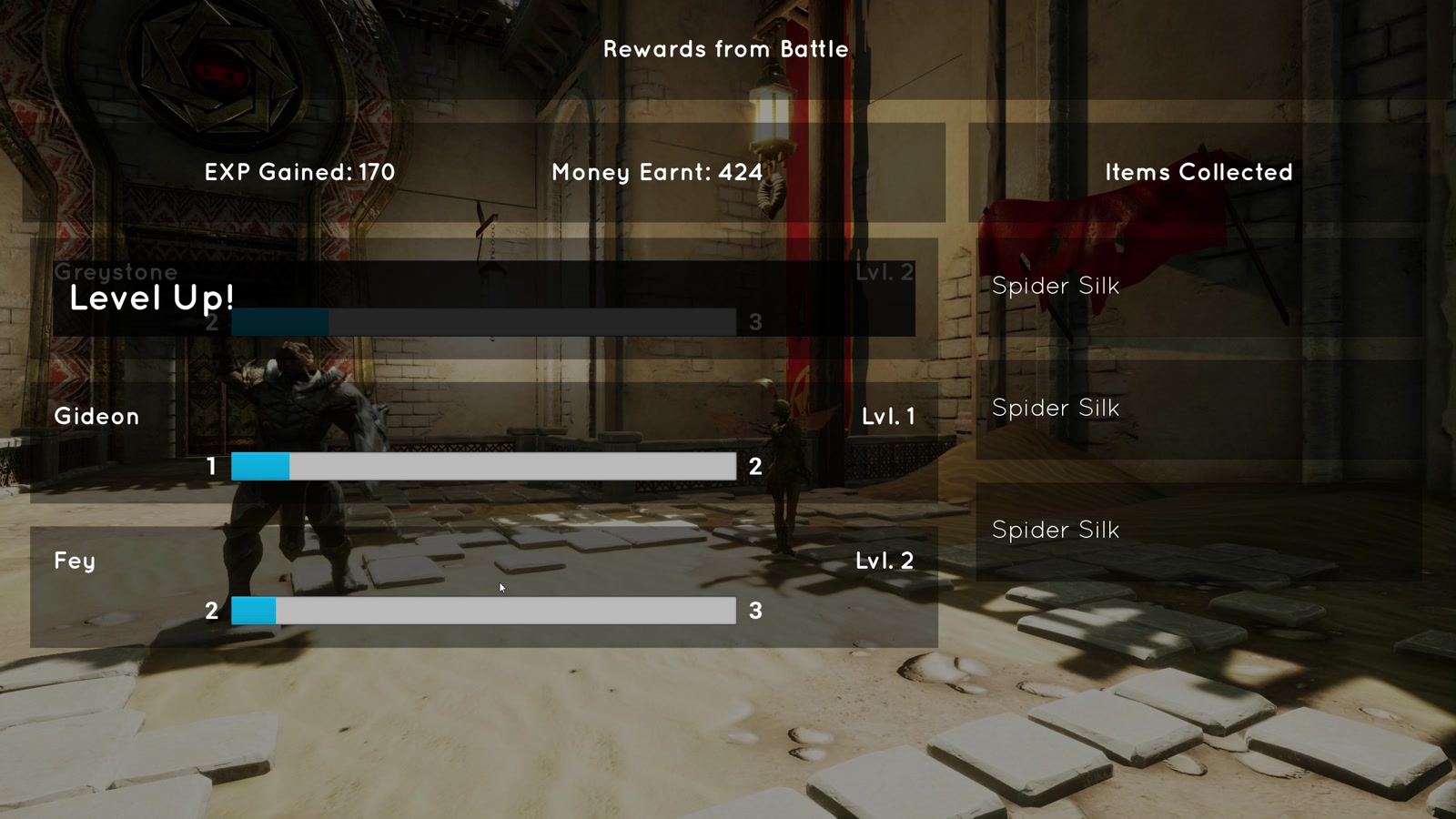 The victory screen showing rewards and level progress for the party.