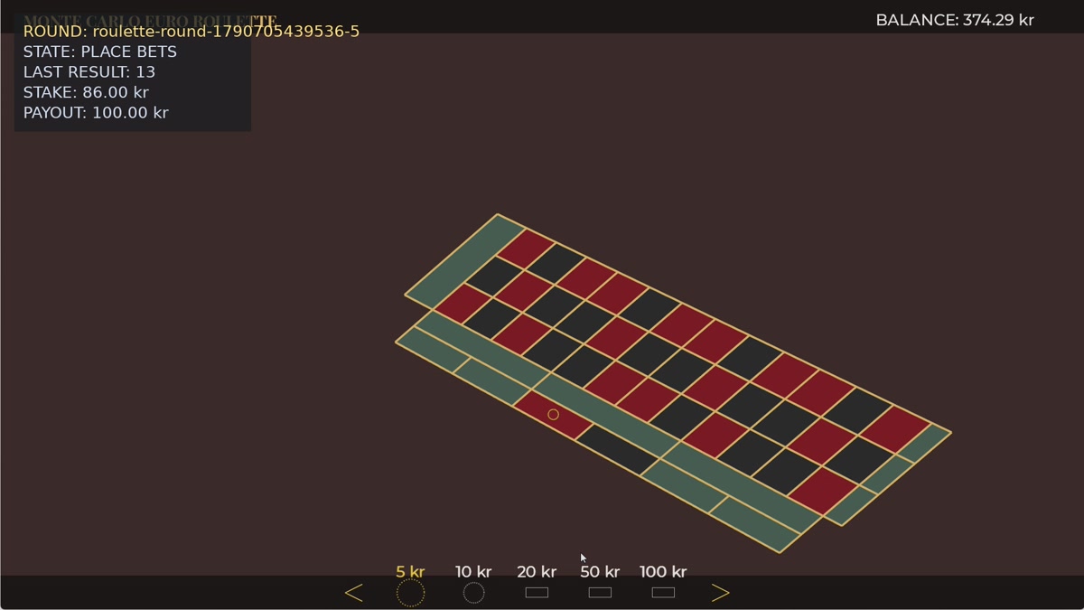 European roulette interface showing the projected table, placed chips, balance, and round information.
