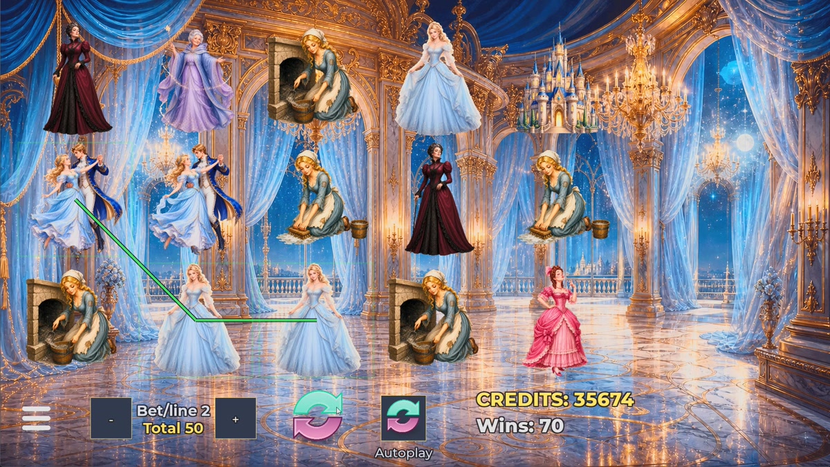 Slot machine screen with a green winning payline and a win of 70 credits.